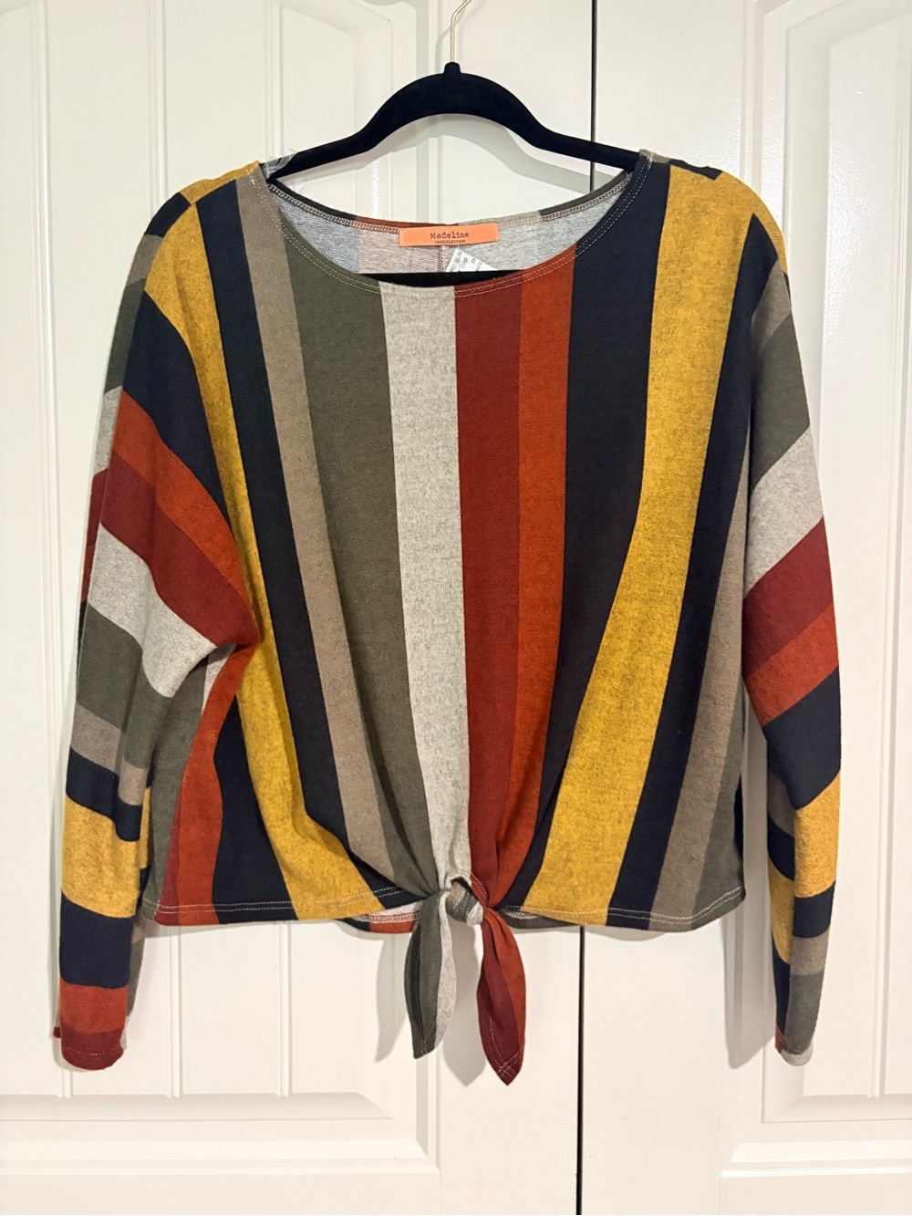Madeline Women's Multi-Stripe Tie-Front Top - Mustard/Olive/Rust